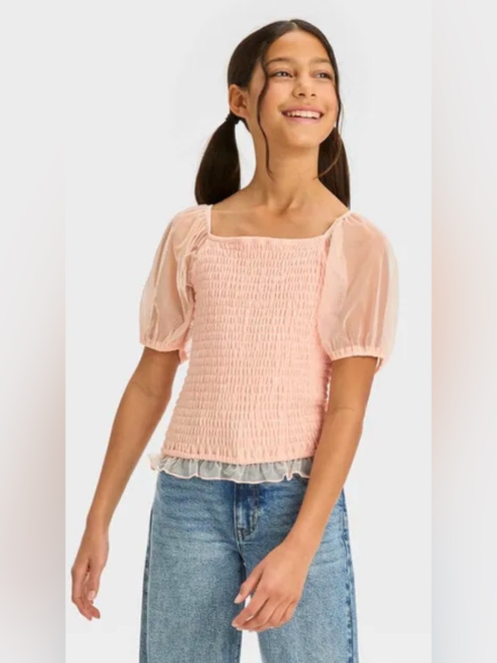 Art Class Girls' Smocked Woven Top pink  XL-14 NWT Sheer Puff Sleeves Ruffle Hem